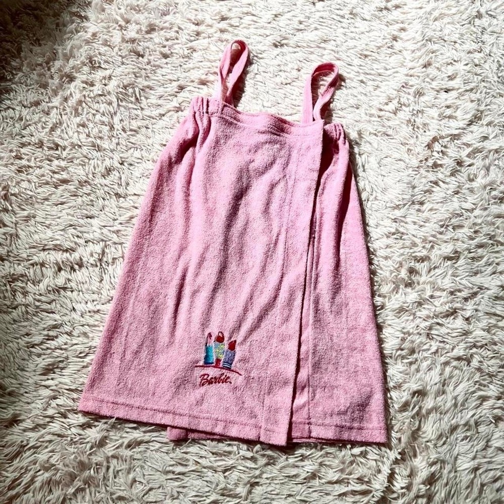 Vintage 90s Barbie Embroidered Towel Swim Coverup Dress Girls 10 Kidcore Cartoon